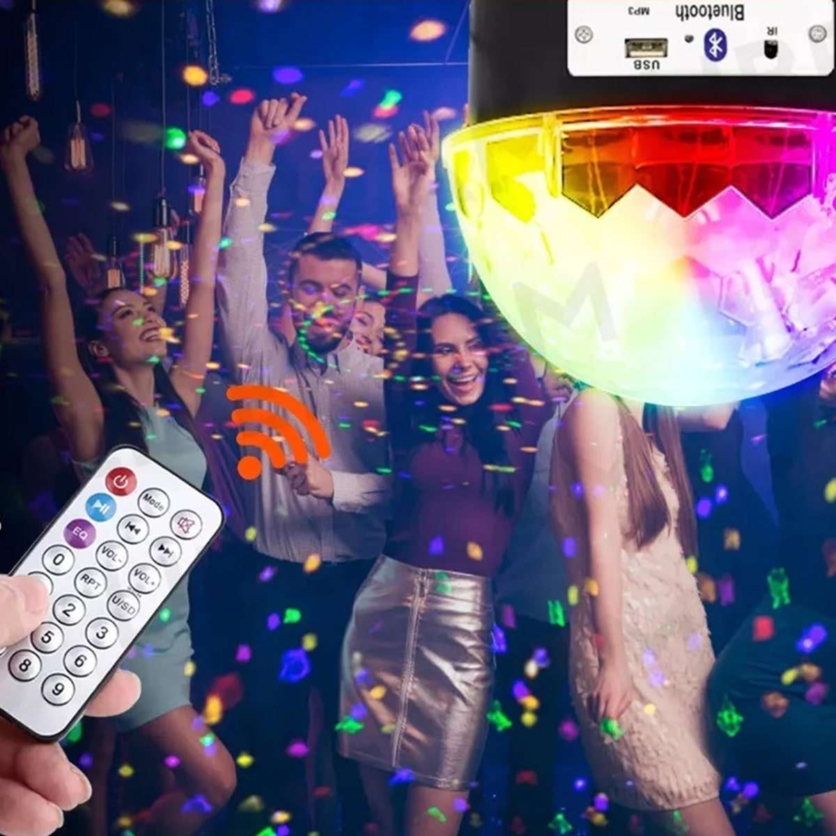 MEDIA ESFERA AUDIORITMICA LUCES RGB CON PARLANTE BT Y CONTROL REMOTO