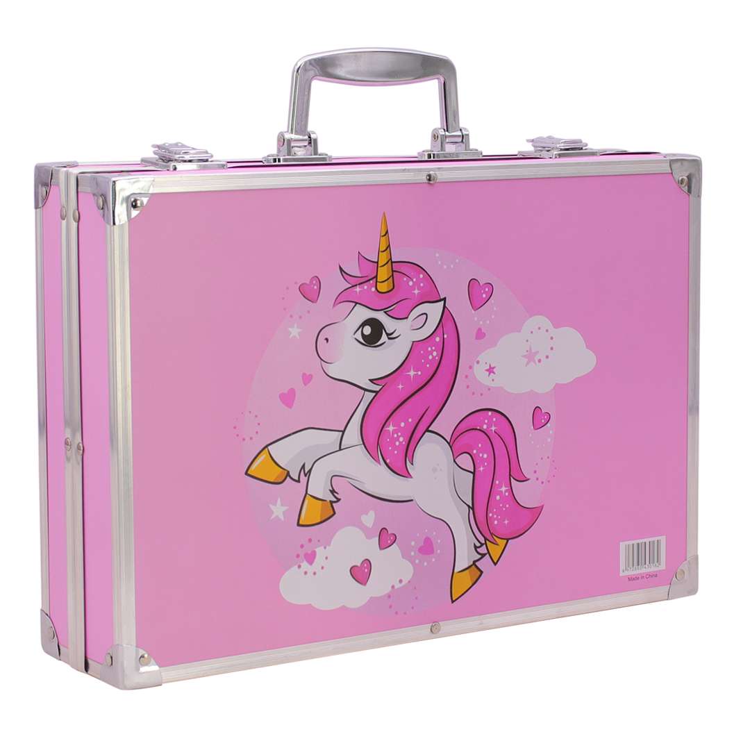 SET VALIJA METALICA ARTE 145 PIEZAS UNICORNIO ROSADA