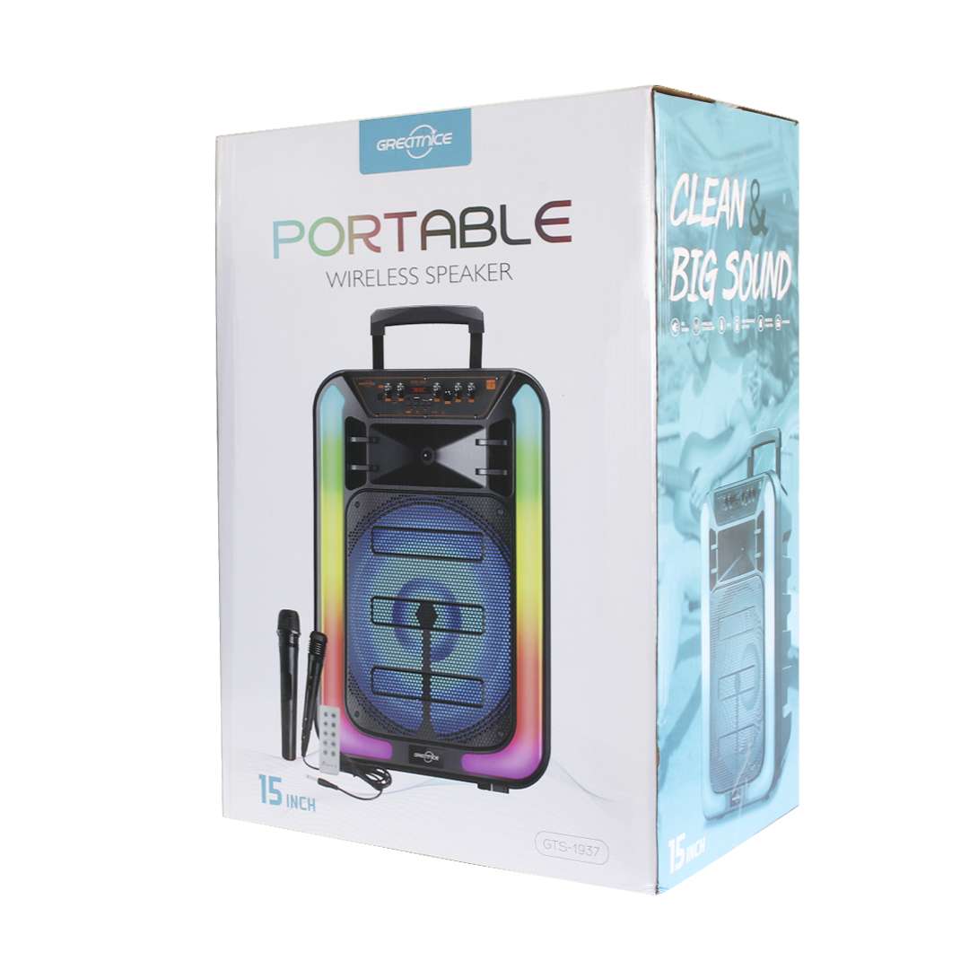 PARLANTE PORTATIL LED 15″ CON 2 MICROFONOS