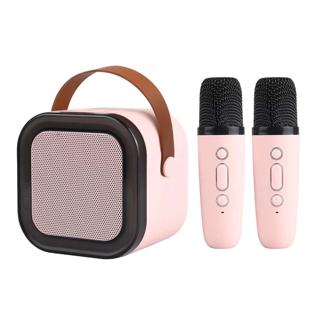 PARLANTE PORTATIL CON 2X MICROFONO LUZ DE COLORES ROSADO