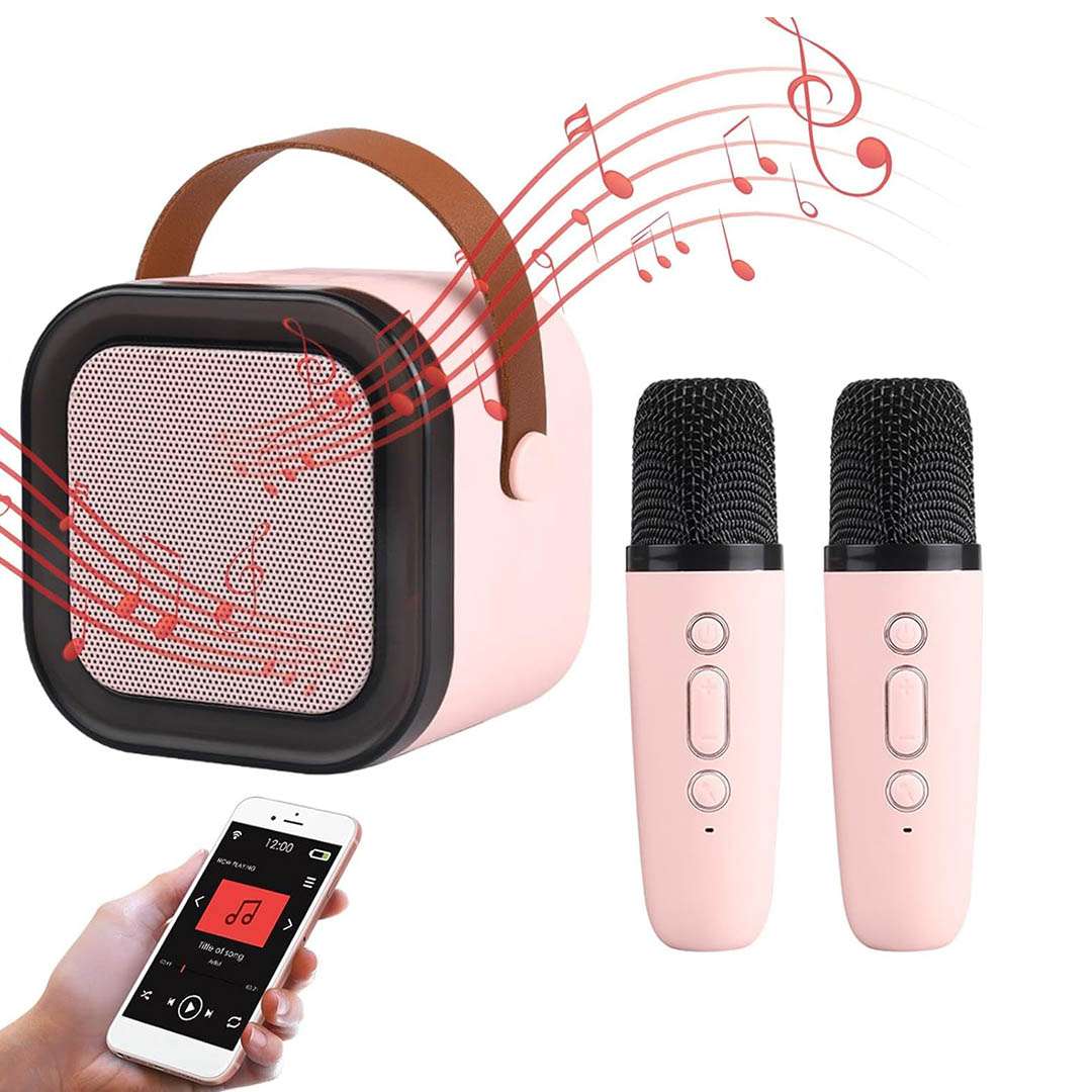 PARLANTE PORTATIL CON 2X MICROFONO LUZ DE COLORES ROSADO