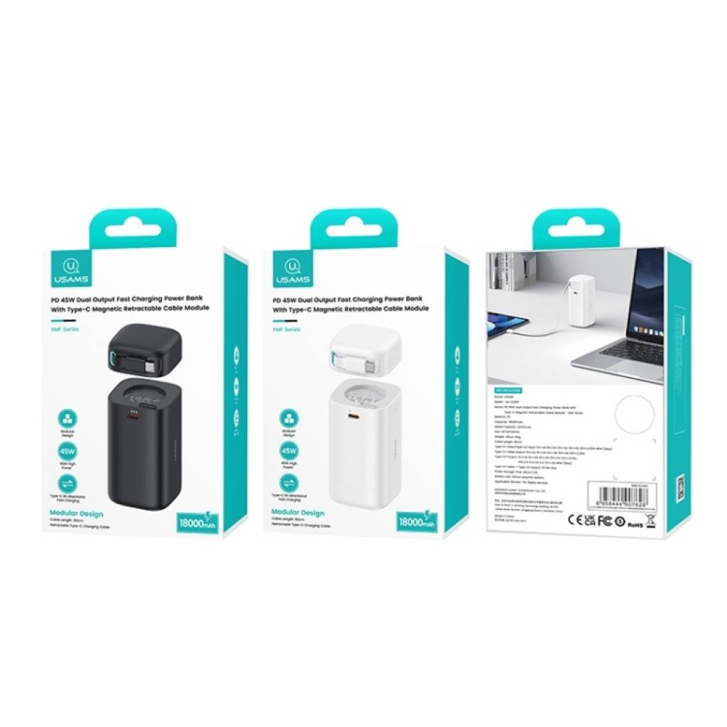 Power Bank CD216 USAMS - 18000mAh PD45W Cable Retráctil Magnético Tipo C