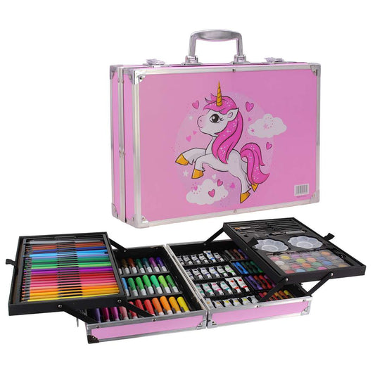 SET VALIJA METALICA ARTE 145 PIEZAS UNICORNIO ROSADA