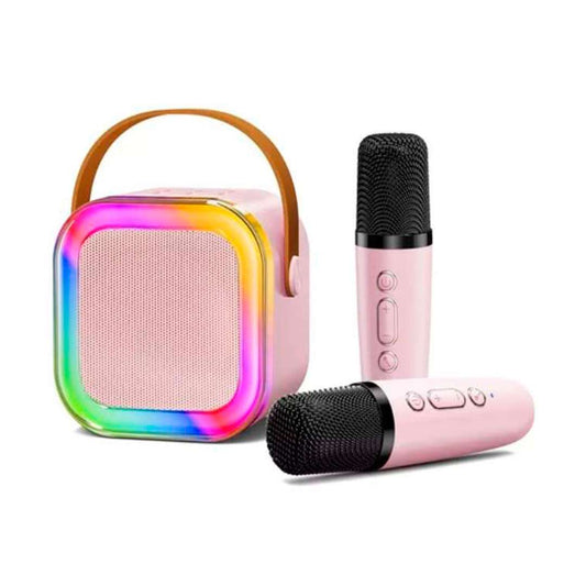 PARLANTE PORTATIL CON 2X MICROFONO LUZ DE COLORES ROSADO