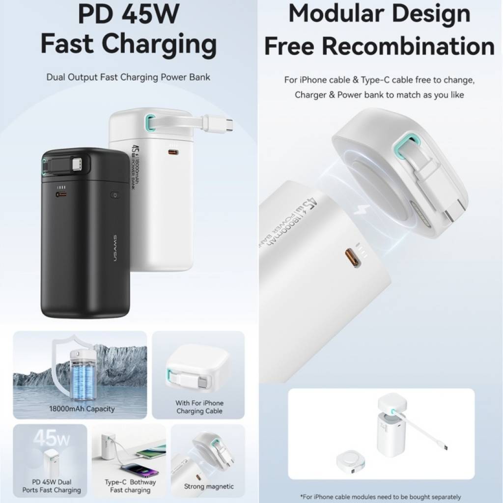Power Bank CD216 USAMS - 18000mAh PD45W Cable Retráctil Magnético Tipo C