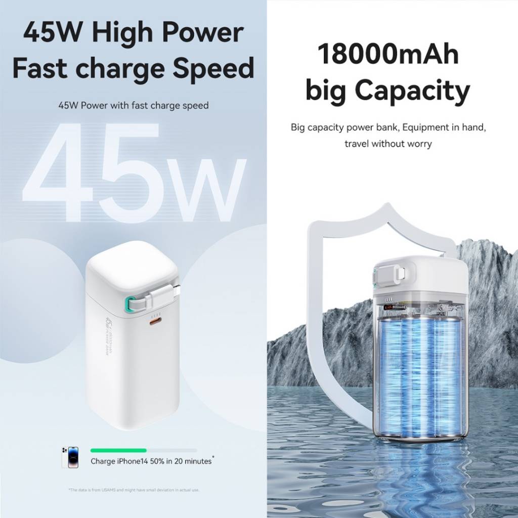 Power Bank CD217 USAMS 18000mAh PD45W Cable Retráctil Magnético Lightning
