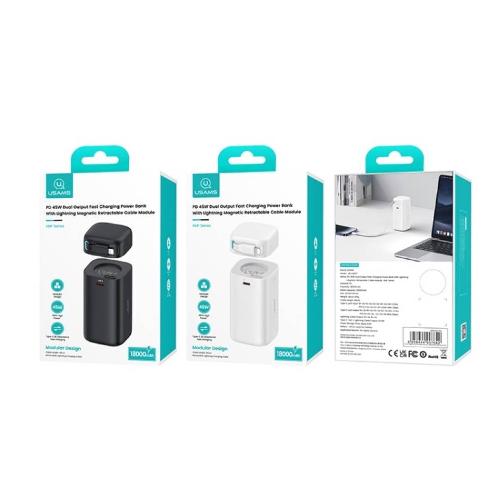Power Bank CD217 USAMS 18000mAh PD45W Cable Retráctil Magnético Lightning