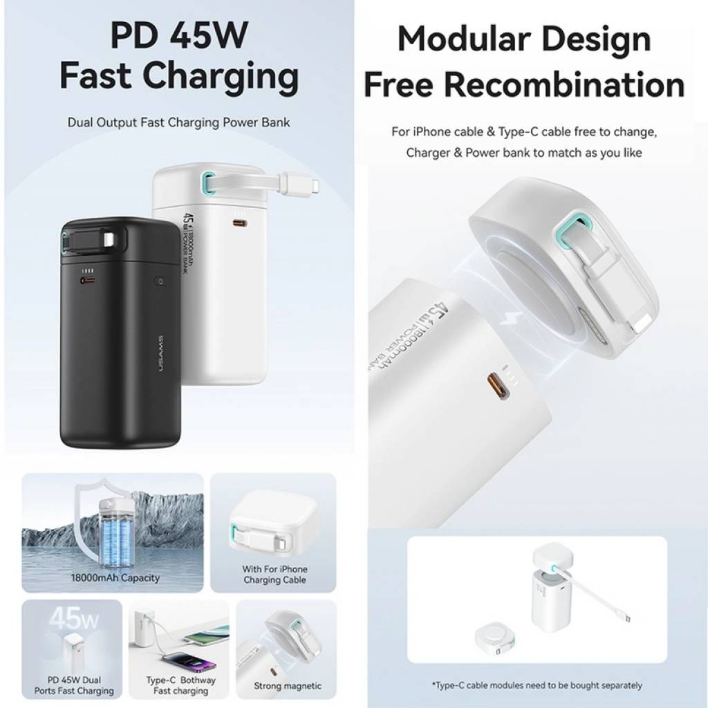 Power Bank CD217 USAMS 18000mAh PD45W Cable Retráctil Magnético Lightning