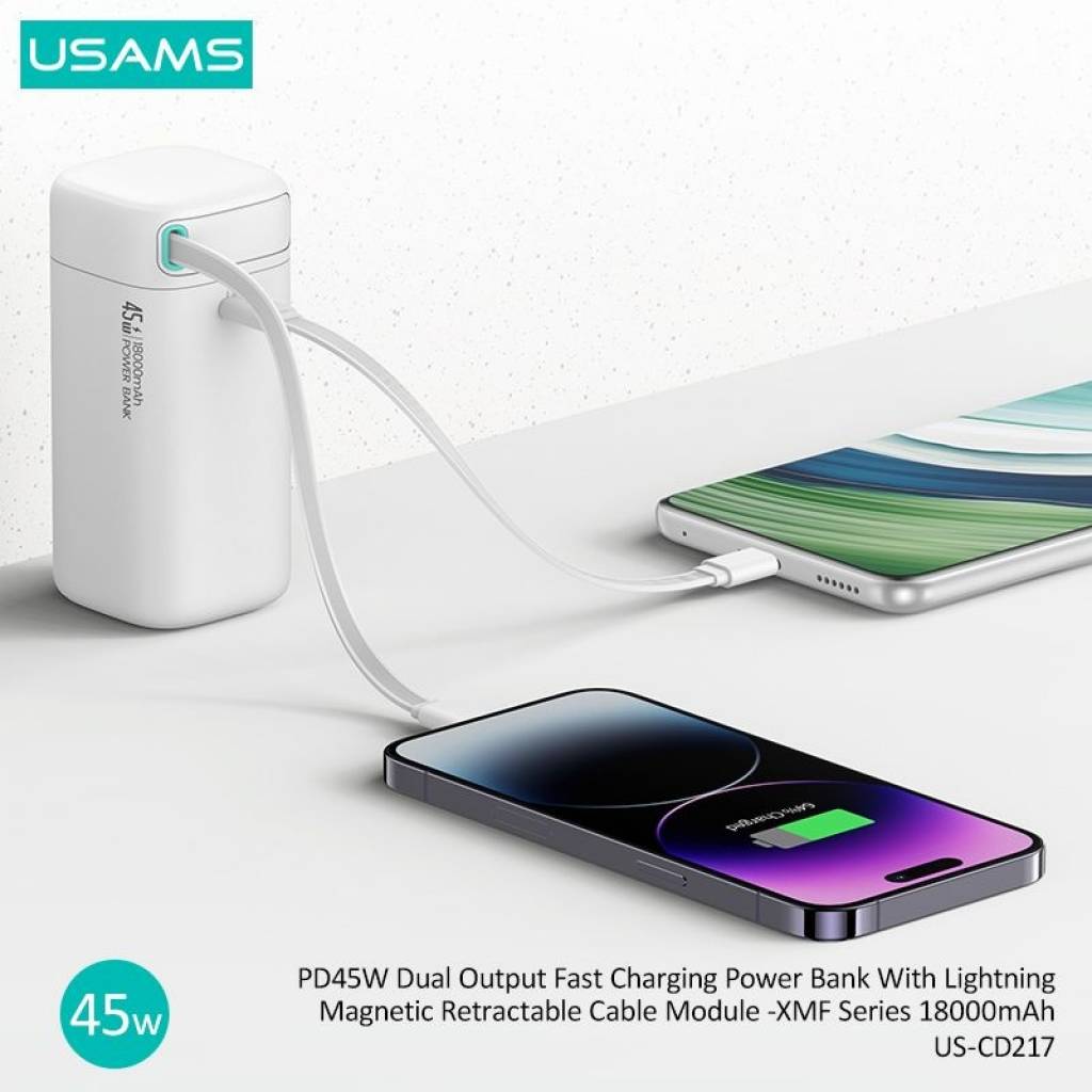 Power Bank CD217 USAMS 18000mAh PD45W Cable Retráctil Magnético Lightning