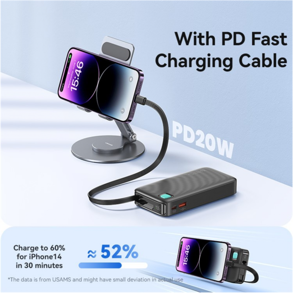 Power Bank CD225 USAMS 10.000mAh 20W Cable Retráctil Lightning